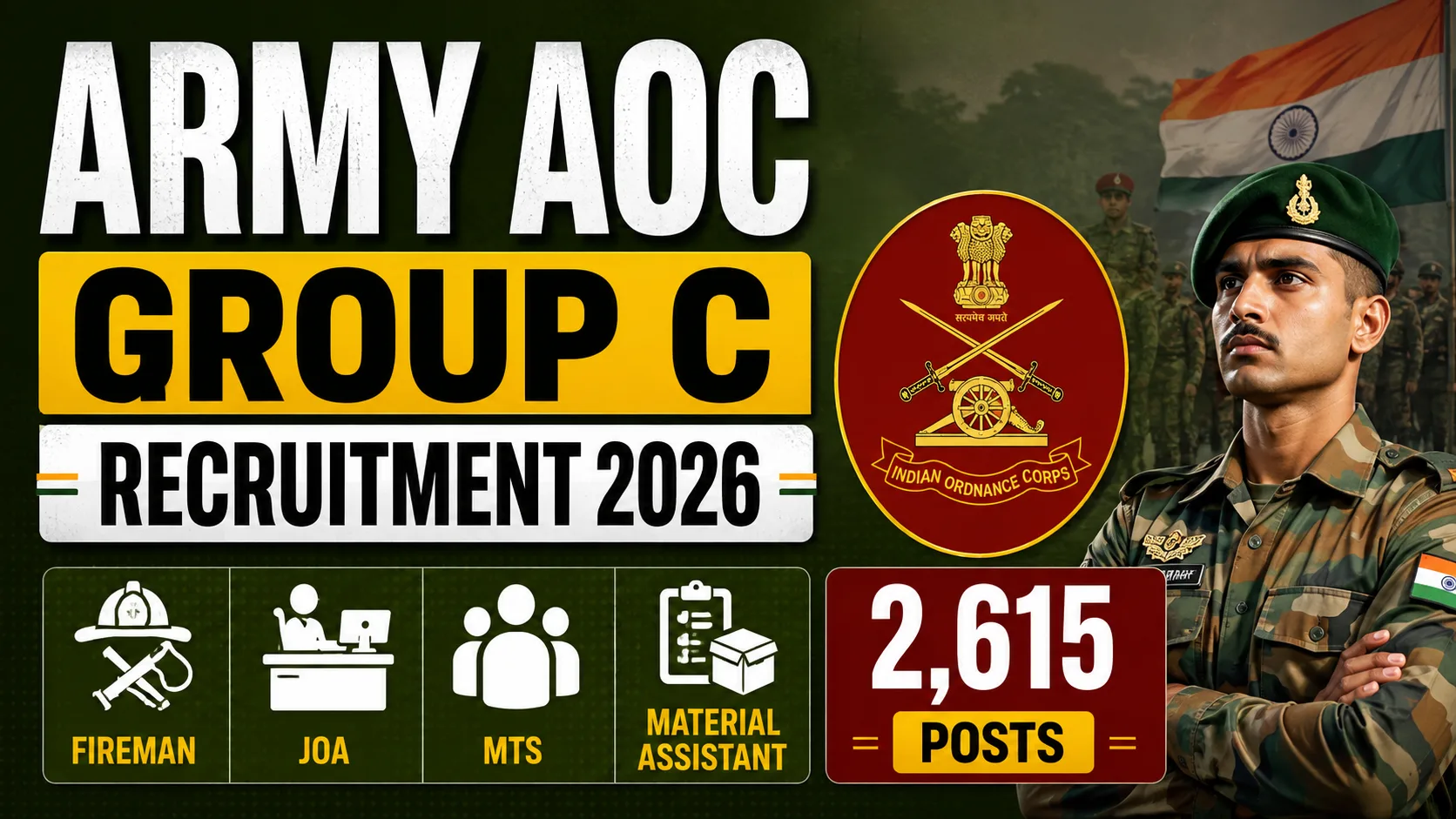 Army AOC Group C Recruitment 2026: Notification for 2615 Posts, Fireman, JOA, MTS and Material Assistant Posts | Full Details