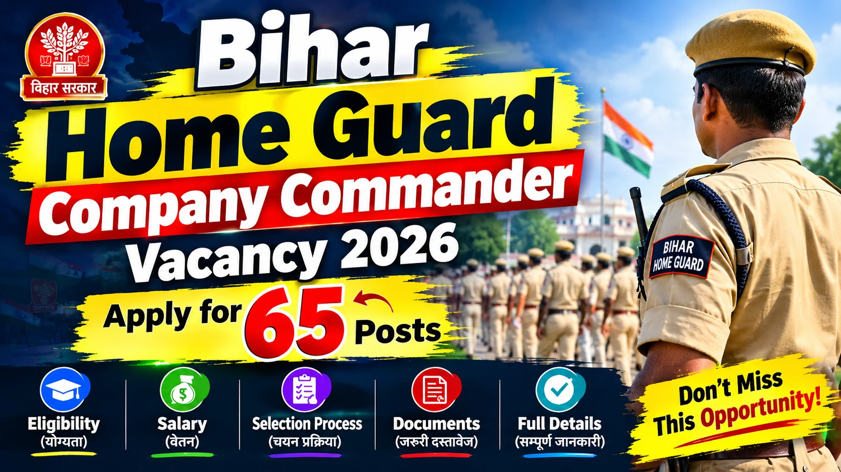 Bihar Home Guard Company Commander Vacancy 2026: Apply for 65 Posts, Eligibility, Salary, Selection Process & Full Details