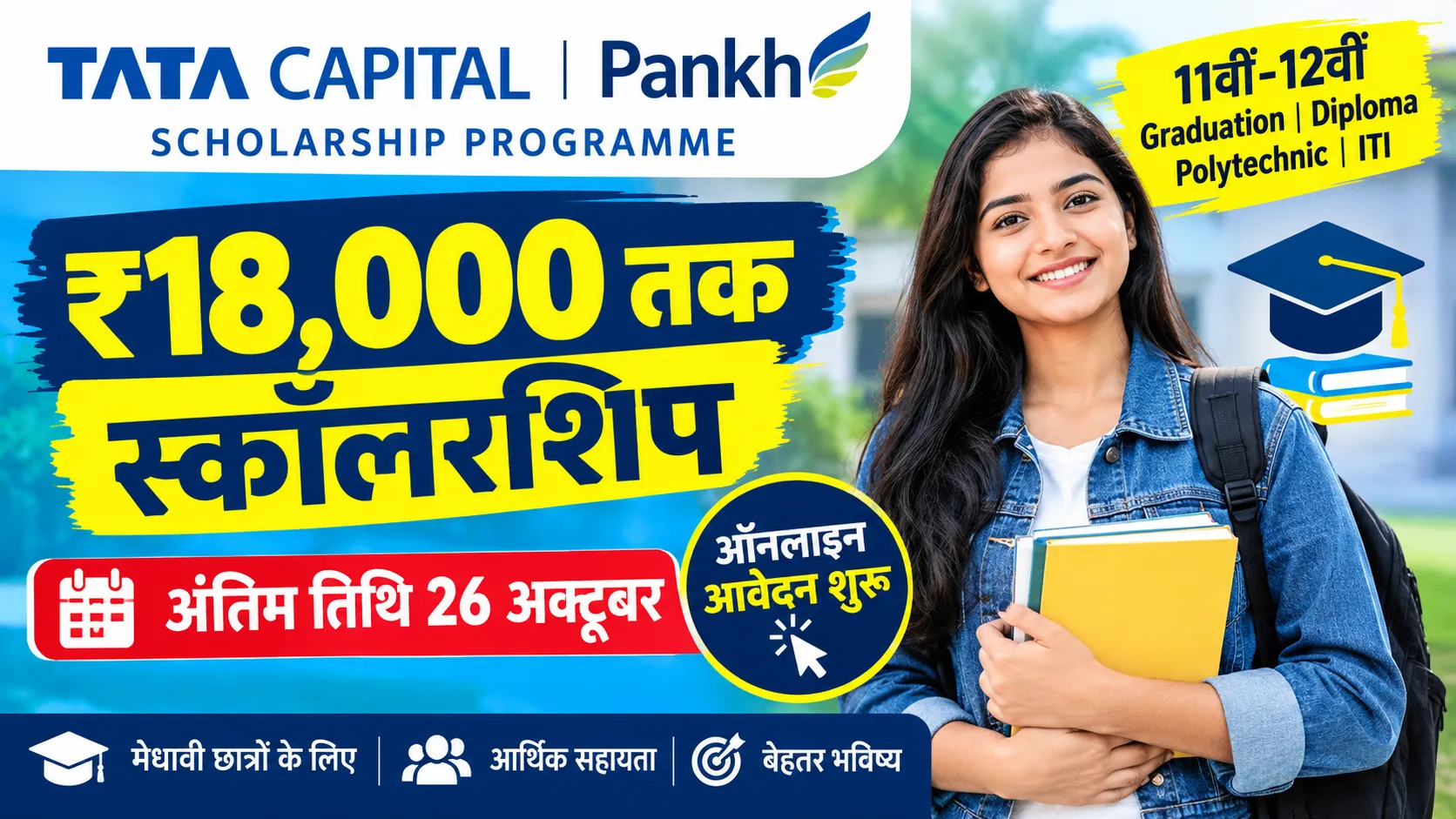 Tata Capital Pankh Scholarship Program 2026: 11th/12th/Graduation/Diploma/ITI छात्रों को ₹18,000/- तक Scholarship, जल्दी करें अप्लाई