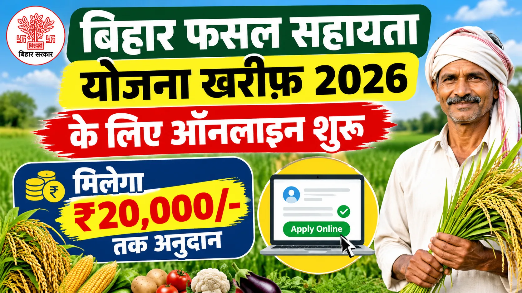 Bihar Fasal Sahayata Yojana Kharif 2026: फसल सहायता योजना ख़रीफ़ 2026 के लिए ऑनलाइन शुरू - जल्दी अप्लाई करें मिलेगा ₹20,000/- तक अनुदान