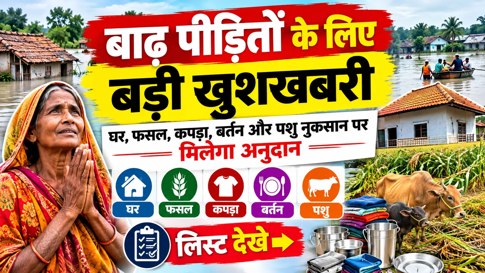 Bihar Badh Rahat Yojana 2026: बड़ी खुशखबरी, घर, फसल, कपड़ा, बर्तन और पशु नुकसान पर मिलेगा अनुदान – लिस्ट देखे