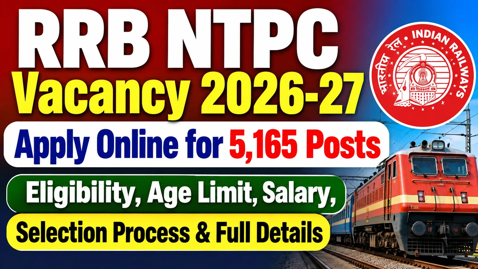 RRB NTPC Vacancy 2026-27: Apply Online for 5,165 Posts - Eligibility, Age Limit, Salary, Selection Process & Full Details