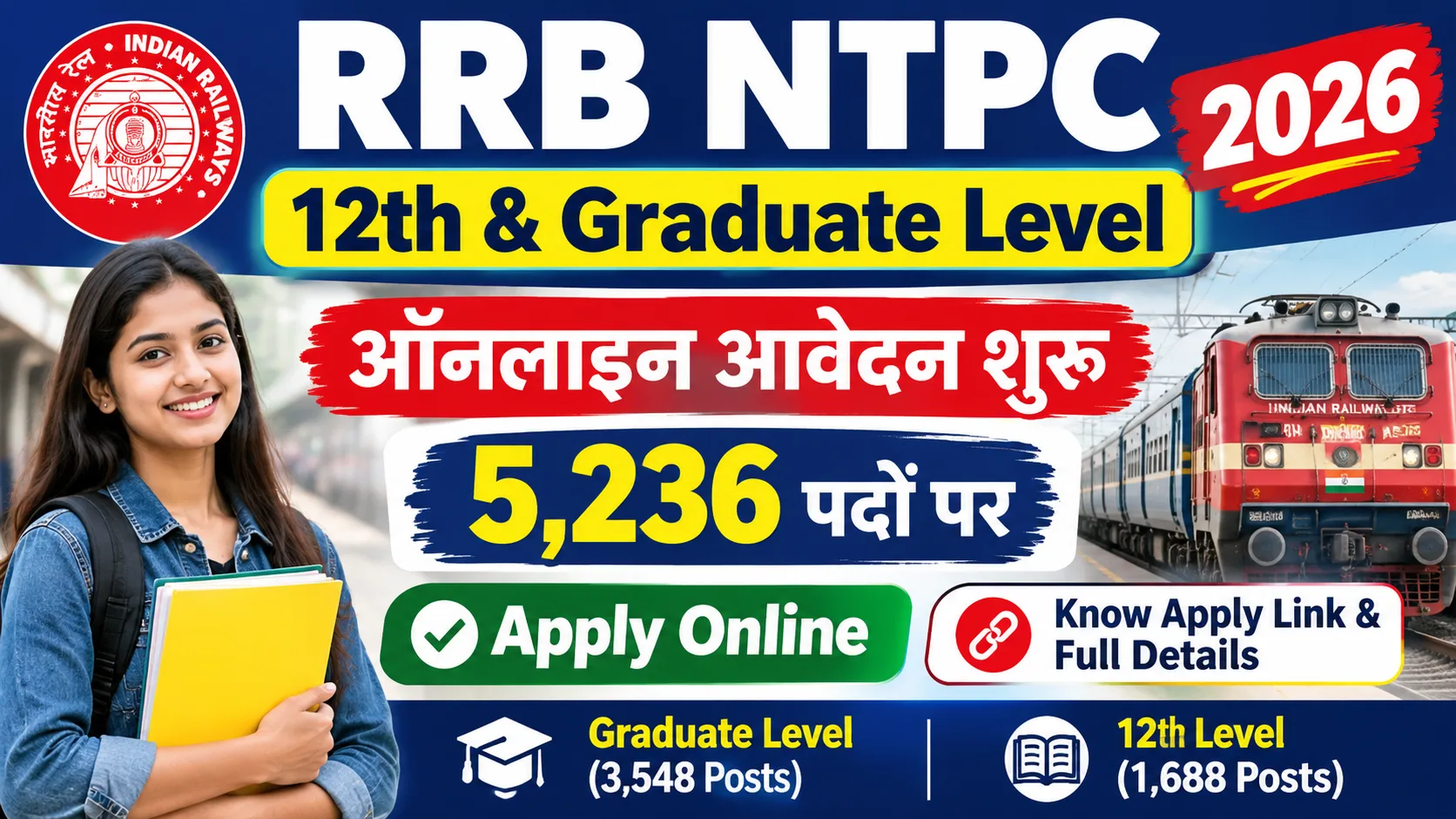 RRB NTPC Apply online 2026 (UG & Graduate Level) for 5,236 posts ...