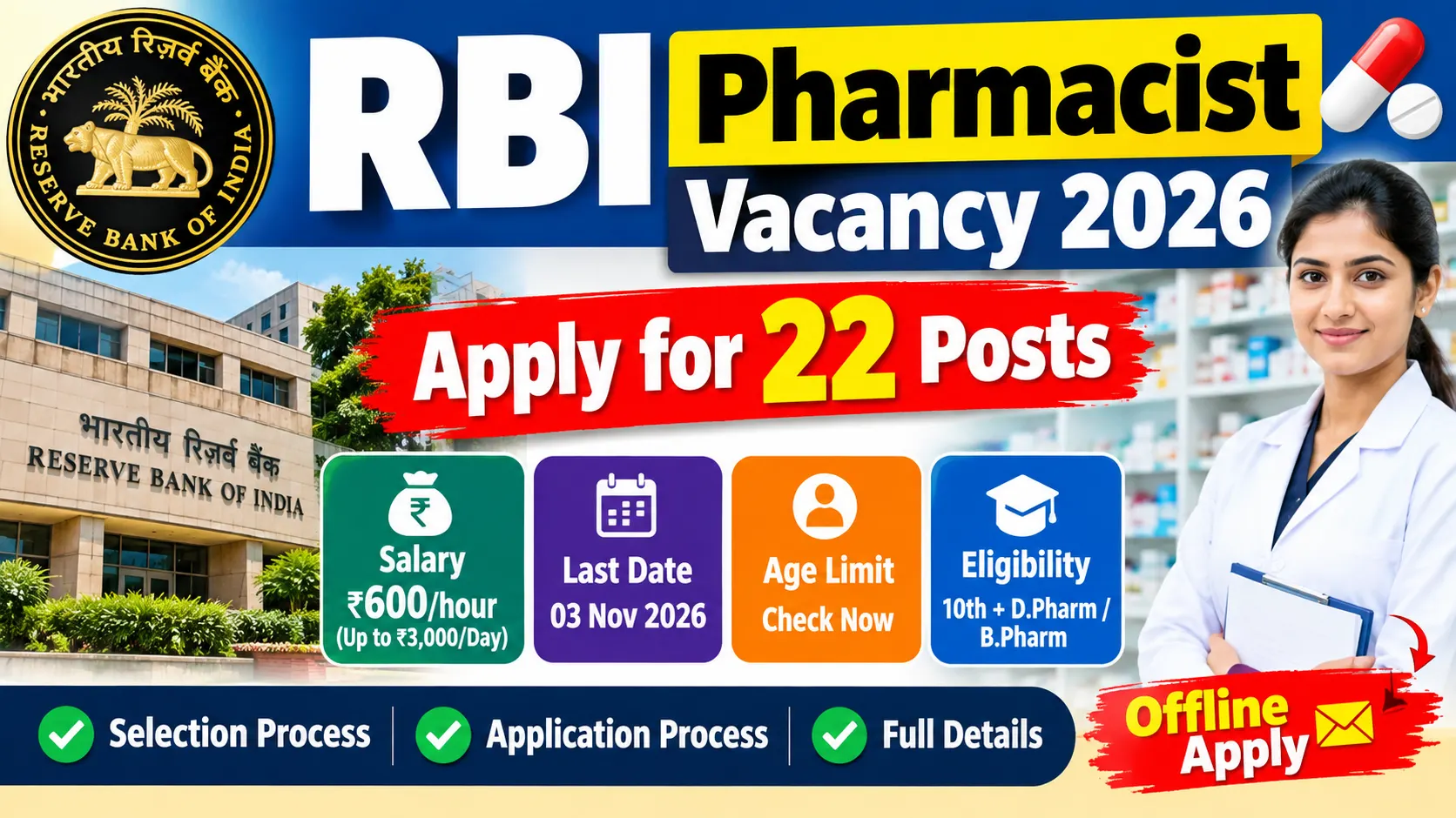 RBI Pharmacist Vacancy 2026: Apply for 22 Posts, Salary, Age, Eligibility, & Full Details