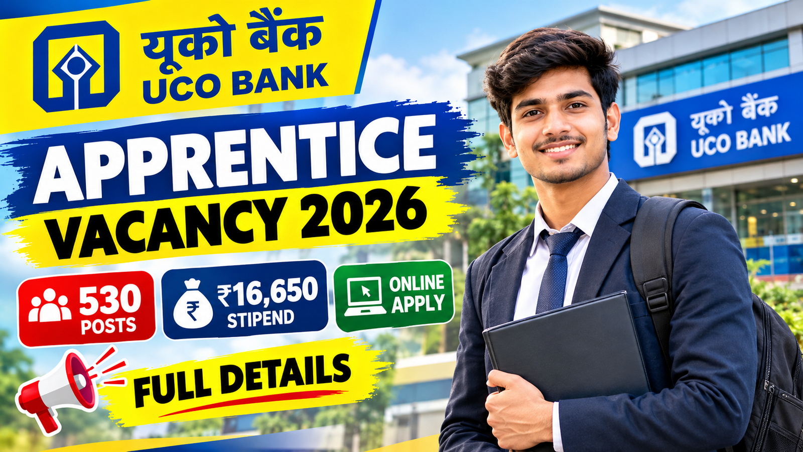 UCO Bank Apprentice Vacancy 2026: 530 पदों पर भर्ती शुरू,₹16,650 स्टाइपेंड, ऑनलाइन आवेदन शुरू – Full Details