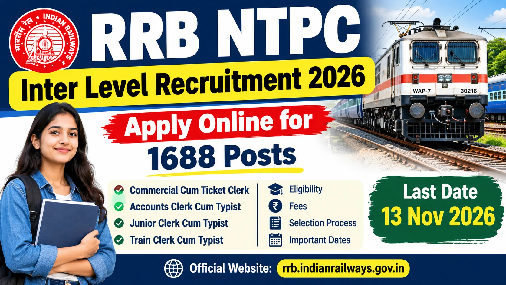 RRB NTPC Inter Level Recruitment 2026: Apply Online for 1688 Posts, Eligibility, Fees & Full Details